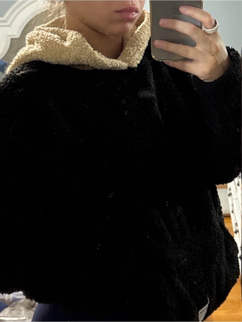 Men's Black Sherpa Hoodie with Cream Lining